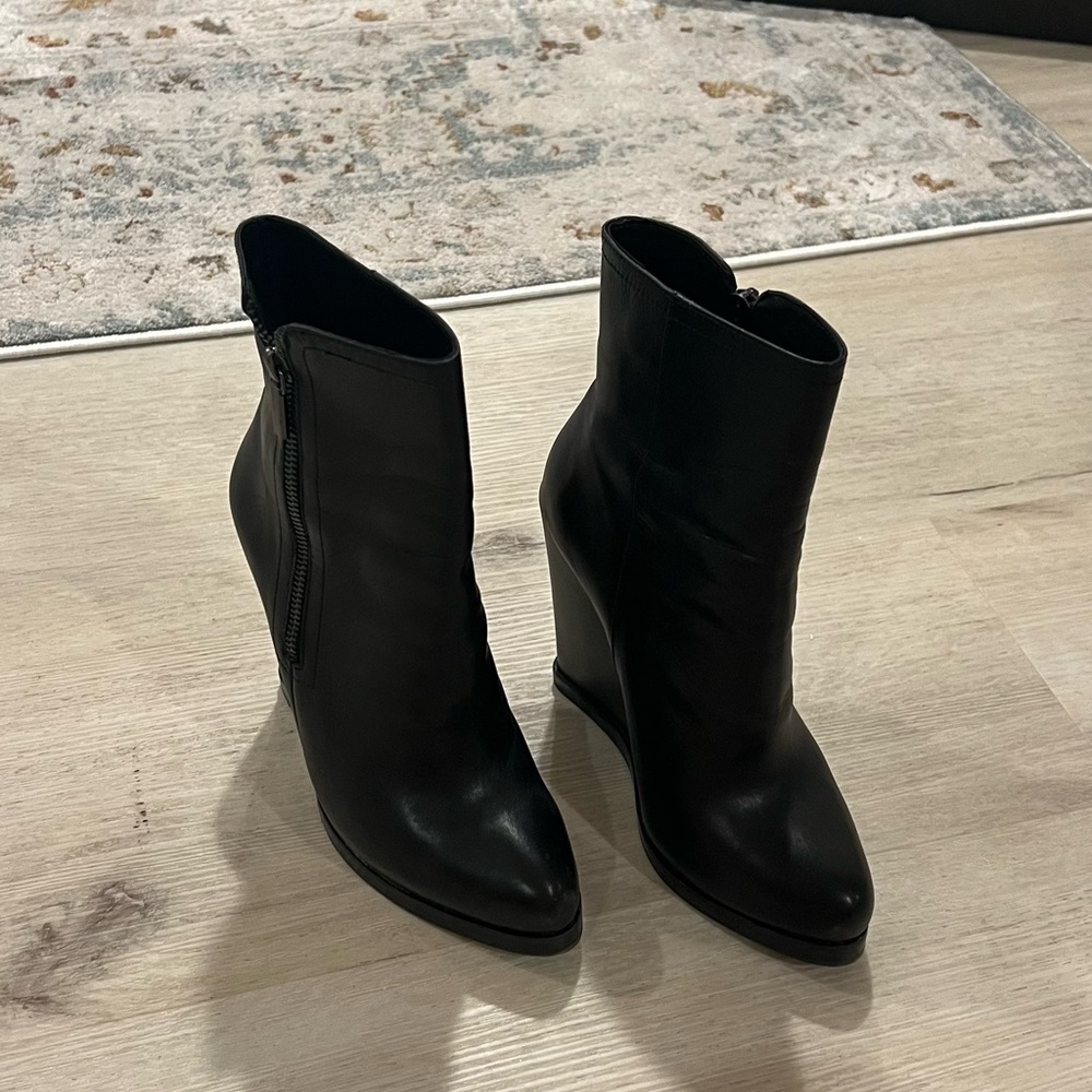 Black Leather Wedge Ankle Boots - Women's - Picture 5 of 6